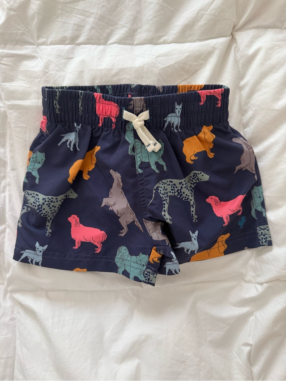 Pink Chicken Navy Swim Trunks with Multicolor Dog Print